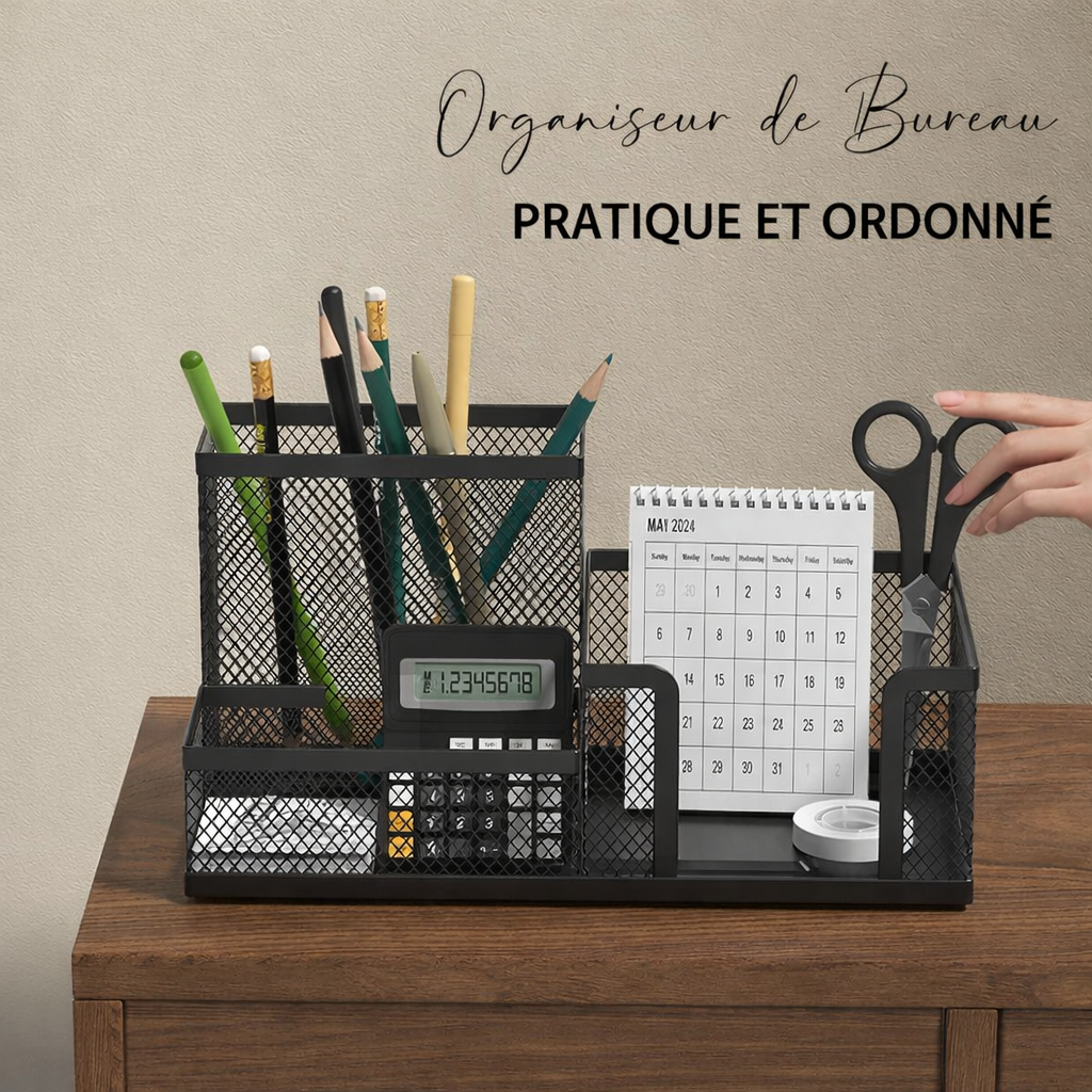 Organiseur de Bureau en Maille – 3 Compartiments, Stylos & Rangement