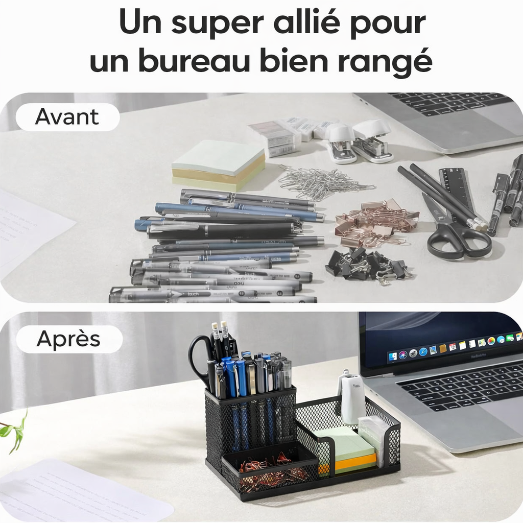 Organiseur de Bureau en Maille – 3 Compartiments, Stylos & Rangement