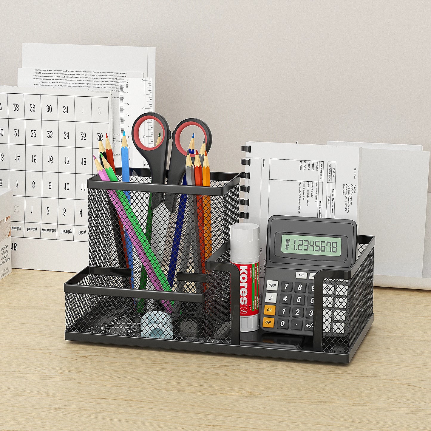 Organiseur de Bureau en Maille – 3 Compartiments, Stylos & Rangement