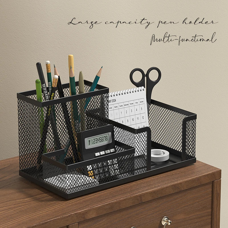 Organiseur de Bureau en Maille – 3 Compartiments, Stylos & Rangement