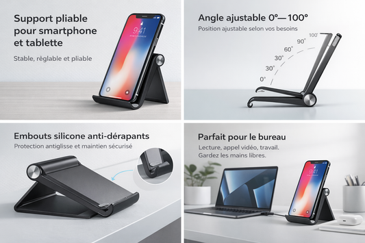 Support Bureau Pliable Universel – Smartphone & Tablette Mains Libres